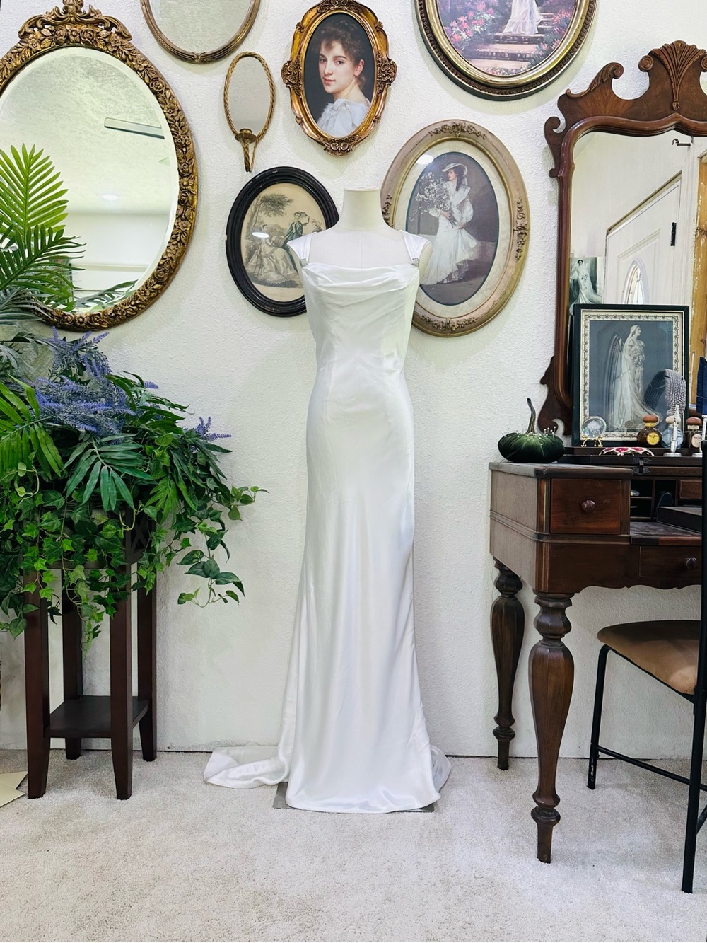 Silky White Satin Cowl Neck Wedding Slip Dress